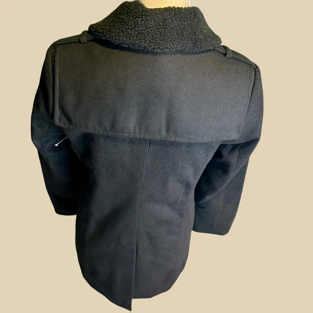 NWT Members Only Fur Collar Black Wool-Blend Double-Breasted Pea Coat Sz Small